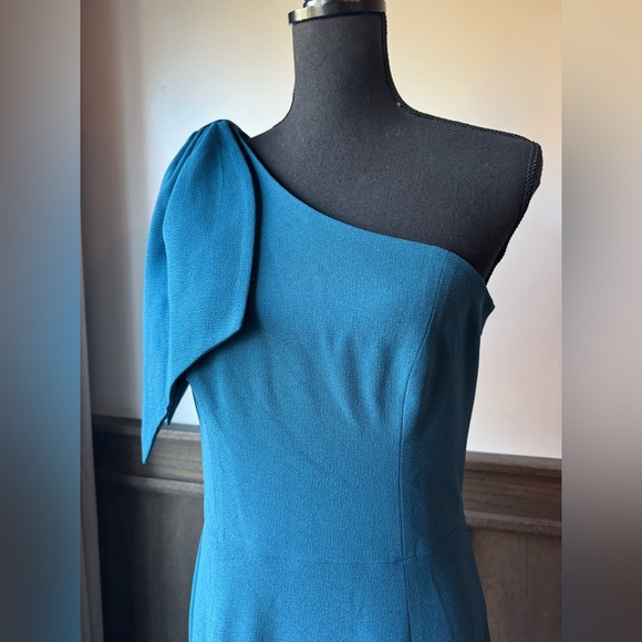 Dress the Population Georgina One-Shoulder Crepe Gown peacock blue NWT Large - Picture 8 of 9